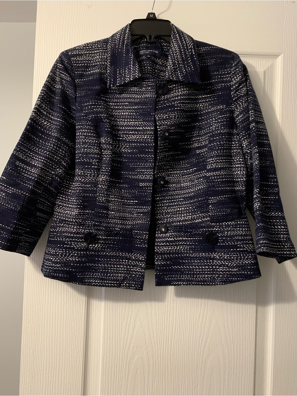 Jones New York Navy and White Textured Cropped Blazer